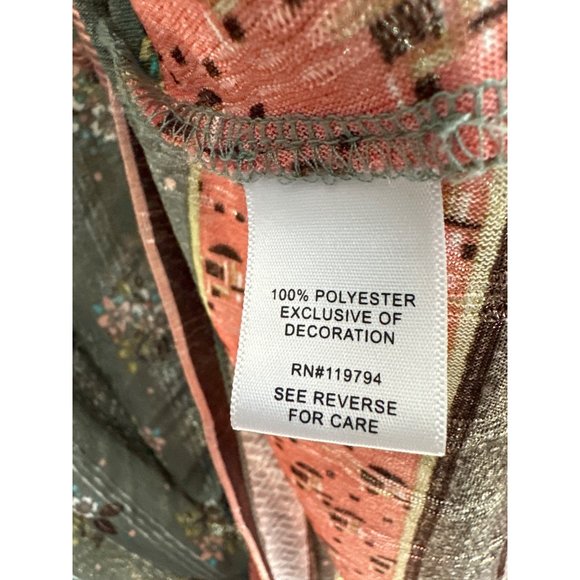 One World sz XL green print tasseled Boho long sleeve ruched cuff shoulder top - Picture 6 of 8